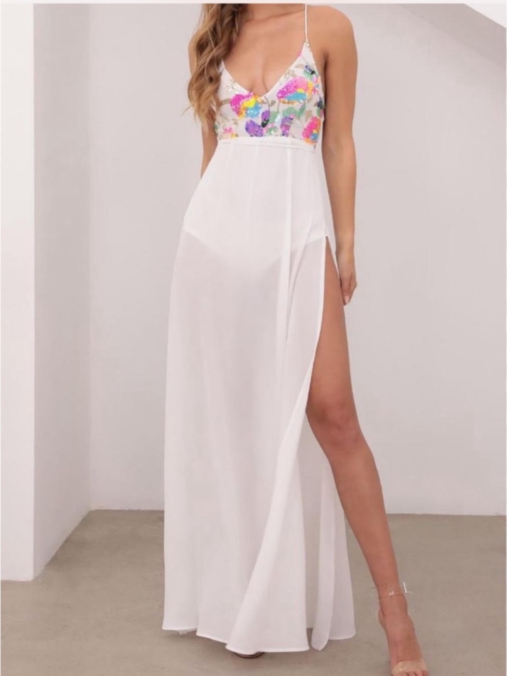 Lucy in the Sky White Maxi Dress with Multicolor Sequin Bodice